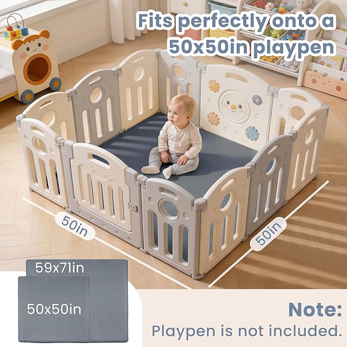 ACOMOPACK 1.3" Thick Baby Play Mat for Floor 50x50"-Memory Foam Water-Repellent Playpen Mat for Tummy Time,Non-Slip Soft Velvet Nursery Rug for Kids,Toddlers,Infants Crawling（Grey）