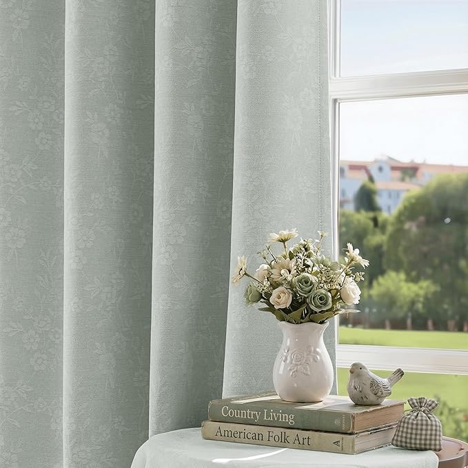 Beauoop Green Floral Jacquard Blackout Curtains 96 Inches Long 2 Panels for Living Room Bedroom Chenille Flower Room Darkening Thermal Insulated Soundproof Grommet Window Drapes, 52x96 Set of 2