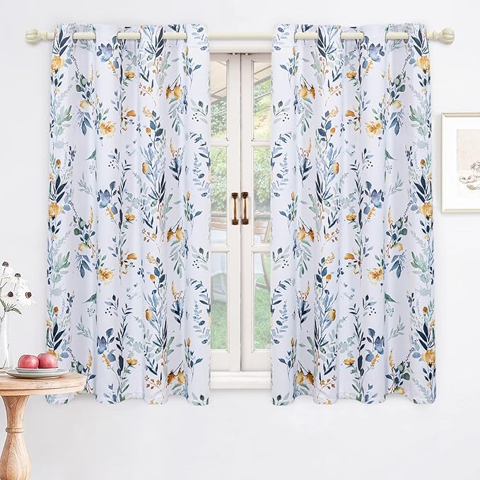 MYSKY HOME Kitchen Curtains 54 inch Long Floral Blackout Curtains Thermal Insulated Room Darkening Curtains Grommet Top 2 Panels for Bedroom Bathroom Dormer Window, Yellow and Blue