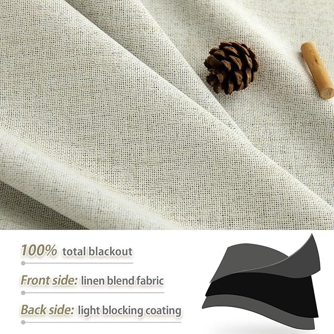 100% Blackout Cream Linen Curtains for Living Room - Back Tab Thermal Insulated Farmhouse Drapes Room Darkening for Bedroom, Natural 90 Inch Length 2 Panels Set