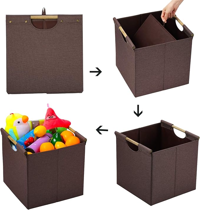 HOONEX Collapsible Storage Bins, 12x12x12in Storage Cubes Linen Fabric, Pack of 3, Storage Baskets with Wooden Carry Handles and Sturdy Heavy Cardboard, for Home, Office, Car, Nursery, Brown