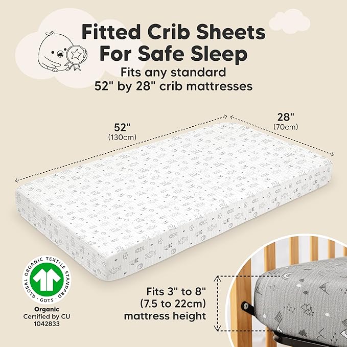 KeaBabies 2-Pack Muslin Crib Sheets for Boys, Girls - 100% Organic Cotton Fitted Baby Crib Mattress Sheet, Soft Breathable Standard Toddler Bed Cover Bedding Set, Neutral, Durable 52x28 (Woodland)