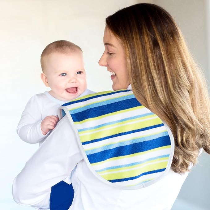Kiddologic Baby Burp Cloth, Triple Protection, 2 Layers Soft Absorbent Terry, Waterproof Inner Lining, Large Size and Curved Design for Extra Coverage, Newborn/Infant Boy Burping Rag, Sky Blue Stripe