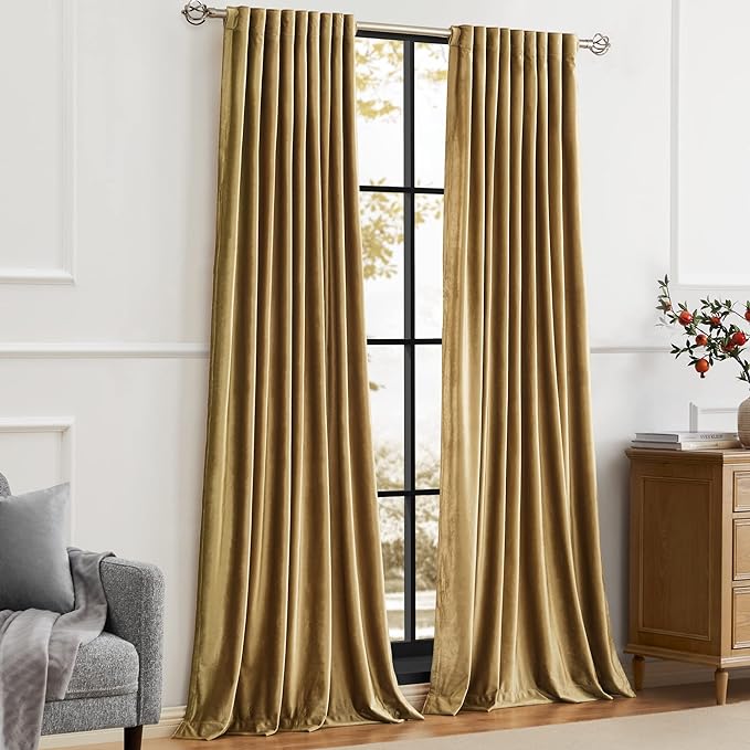 100% Full Blackout Golden Velvet Curtains 96 inch Long for Living Room,Set of 2 Panels Liner Rod Pocket Back Tab Thermal Window Curtains Room Darkening Heavy Decorative Curtains Drapes for Bedroom