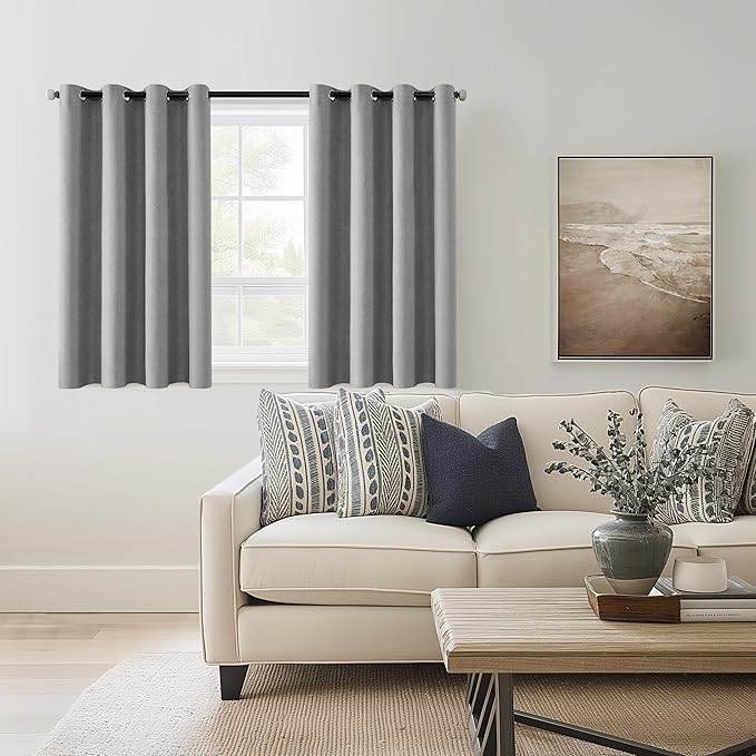 ChrisDowa 100% Blackout Grey Solid Curtains 45 Inches Long 2 Panels for Bedroom Living Room,Farmhouse Room Darkening Thermal Insulated Soundproof Grommet Top Window Treatment Drapes,52x45