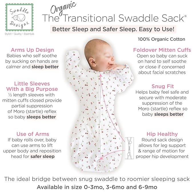 SwaddleDesigns Organic Transitional Swaddle Sack, Arms Up Swaddle with Half-Length Sleeves & Mitten Cuffs, Medium, 3-6 Months, 14-21 lbs, Watercolor Little Cherries