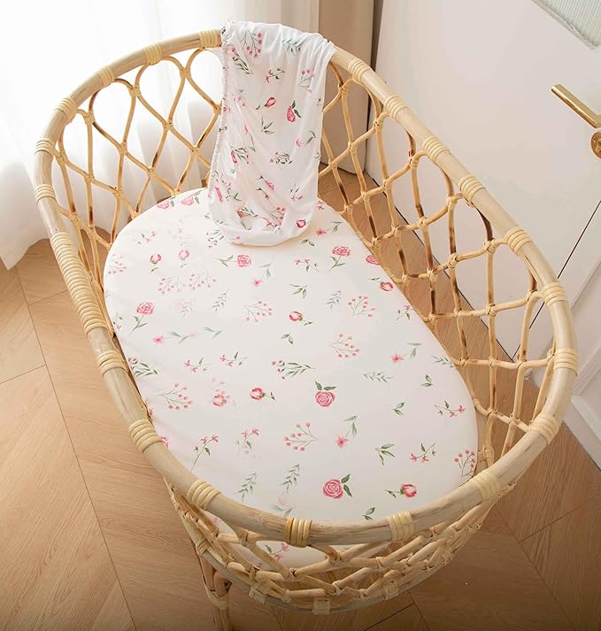 SDY Jersey Bassinet Sheets for Baby Boys and Girls,32 "x 16 "x 4", 2 Pack,Neutral Flower Standard Oval/Retangle Fitted Bassinet Sheets for Toddler,Super Soft Breathable