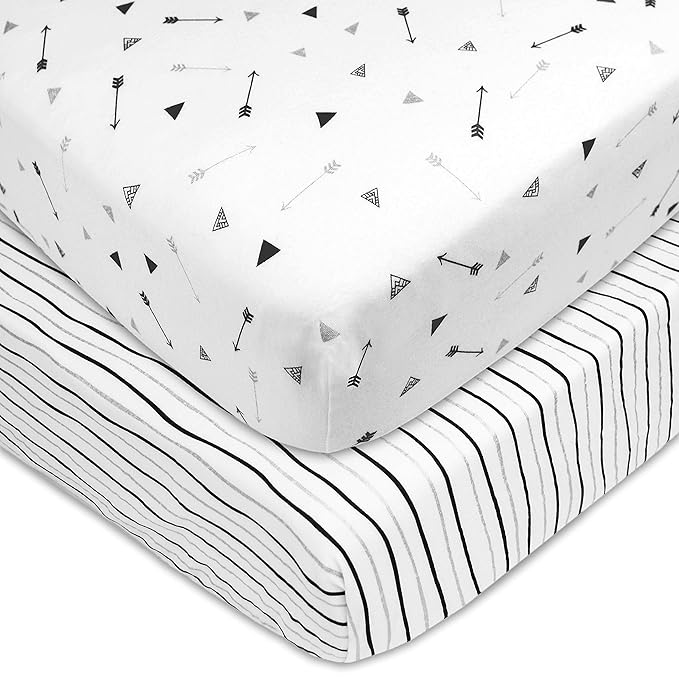 American Baby Company 2 Pack 100% Natural Cotton Fitted Crib Sheets 52" x 28" - Soft, Breathable, Hypoallergenic & Gentle Toddler Bed Sheets, Silver Black Arrow and Stripes, Neutral for Boys & Girls