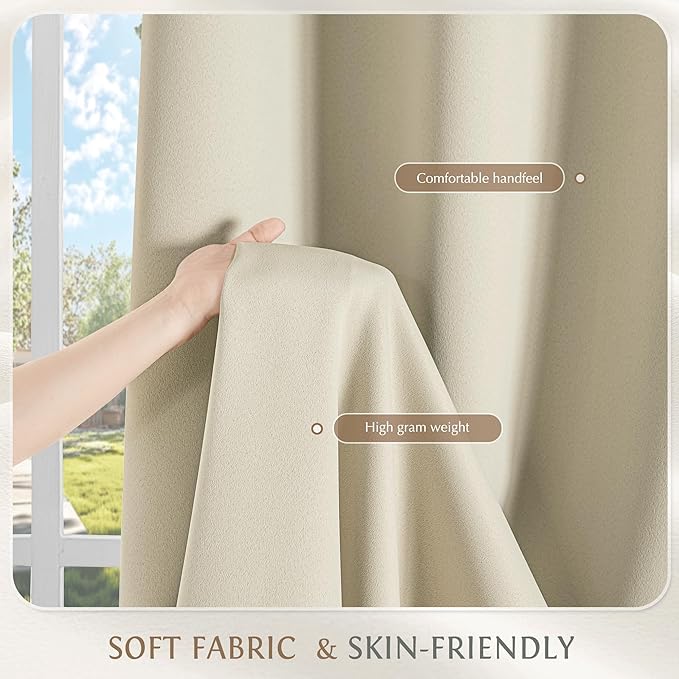 Beauoop 100% Blackout Curtains 96 Inch Long 2 Panels for Bedroom Living Room Beige Solid Room Darkening Thermal Insulated Soundproof Energy Saving Grommet Top Window Treatment Drapes,52x96, 2 Set