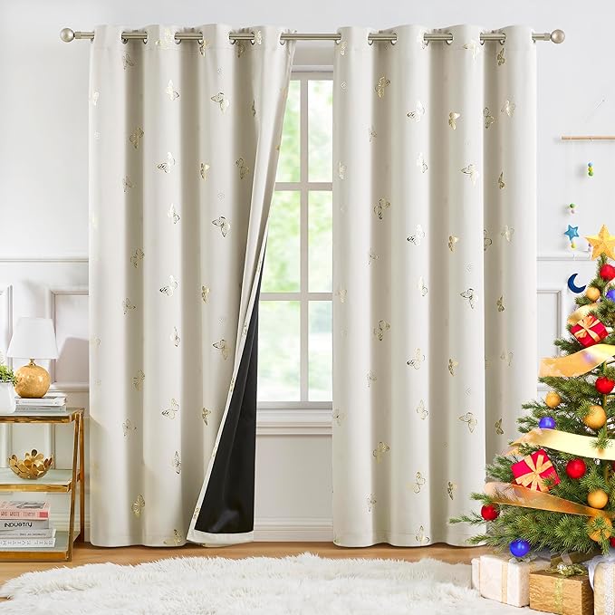 Jubilantex Ivory Gold Butterfly Blackout Curtains with Black Layer Thermal Insulated Window Curtains Grommet Top for Bedroom Girls Room,52x63,2 Panels