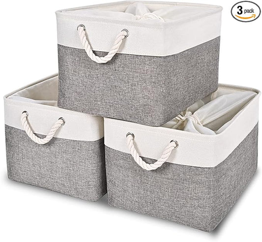 HOdo Home 15.8×11.8×9.5 In/3PCS Storage Bins, Fabric Bin with Drawstring Closure and 2 Bold Handles, Collapsible Large Canvas Baskets for Organizing Shelf Nursery Home Closet (White and Grey)