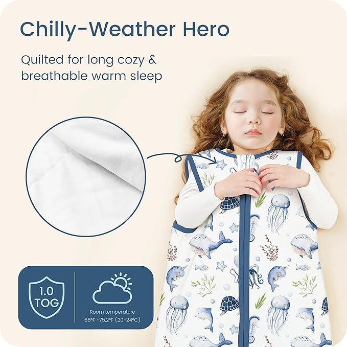 TOTBASIC 1.0 TOG Sleep Sack 6-12-15 Months, Ultra Soft Sleeping Bag, Premium Baby Wearable Blanket with 2-way Safe Zipper All Season Sleep Sack, 1 Pack(Ocean Animals)