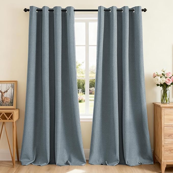 PrinceDeco 100% Blackout Curtains for Bedroom 96 Inches Length 2 Panels Set, Grommet Living Room Drapes, Thermal Insulated Blackout Curtains,Jacquard-Woven,55" W x96 L, Stone Blue