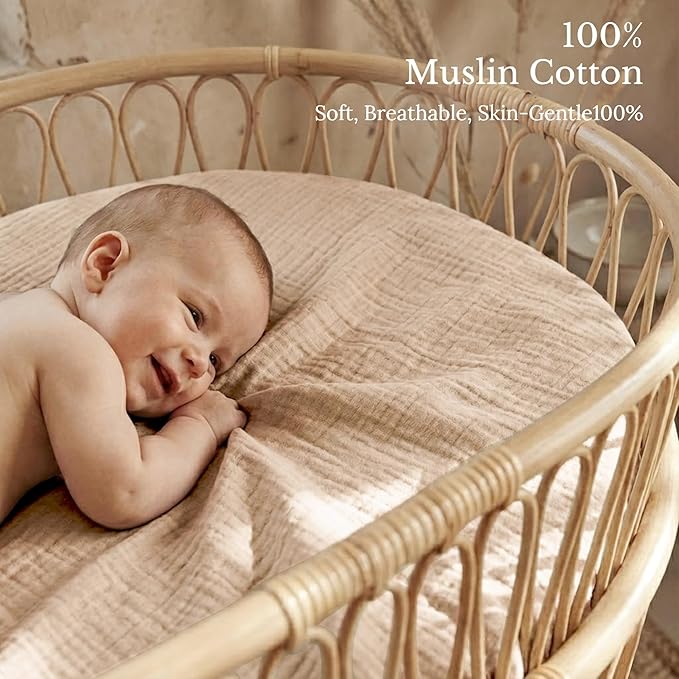 Niceye Muslin Baby Bassinet Sheets 3-Pack 100% Cotton (33" x 15") Sleeper Bassinet Fitted Sheets for Oval & Hourglass Mattresses, Unisex for Baby Girl/Boy (Khaki)
