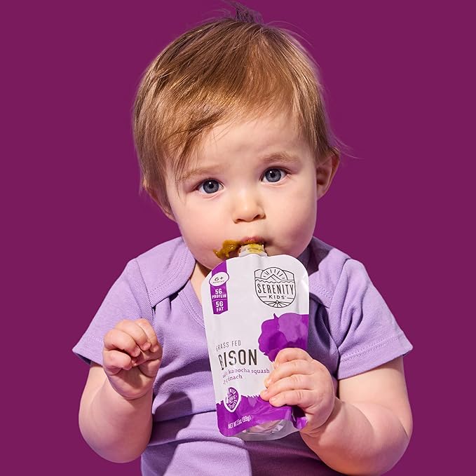 Serenity Kids 6+ Months Baby Food Pouches - 5g Protein-Packed Baby Snacks - Organic Squash & Spinach Vegetable Pouches - Grass-Fed Bison Meat Puree - 3.5 Oz, Pack of 6