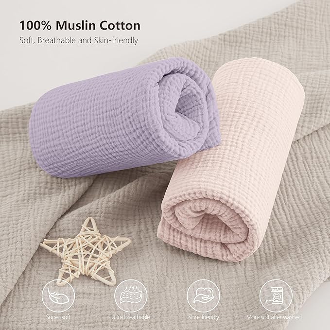Bearmoss Muslin Crib Sheets - 100% Cotton Baby Crib Sheets Fitted for Standard Crib Mattress & Toddler Bed Mattress 52"x28" Soft Breathable Crib Sheet Neutral for Boys Girls - 2 Pack (Pink Purple)