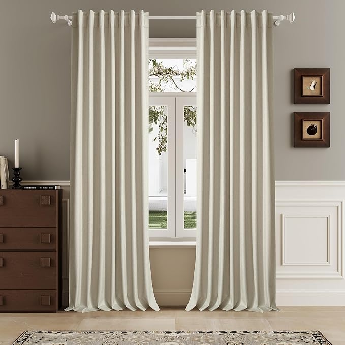 DUALIFE Blackout 96 Inches Long Natural Birch Curtains 2 Panel Set, Farmhouse Curtains for Living Room Darkening Thermal/Noise Reduction Textured Flax Linen Drape 8ft Rod Pocket&Back Tab 72W x 96L