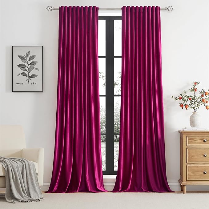 100% Full Blackout Hot Pink Velvet Curtains 120 inch Long for Living Room,Set of 2 Liner Rod Pocket Back Tab Thermal Window Curtains Room Darkening Heavy Decorative Curtains Drapes for Bedroom