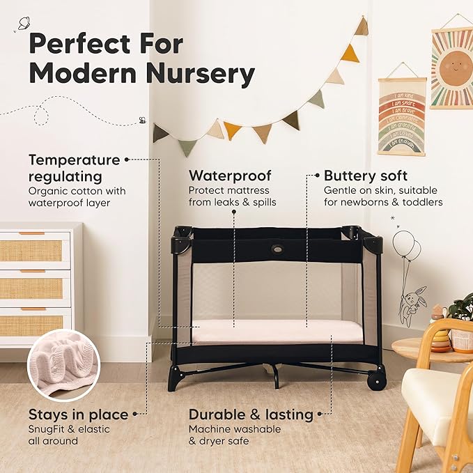 2 Pack and Play Sheets, Waterproof Mini Crib Sheets Fitted - 38x26 Organic Cotton Pack N Play Sheets for Graco Pack and Play Mattress, Playard Baby Crib Sheets,Neutral for Boy,Girl,Toddler(Mist Rose)