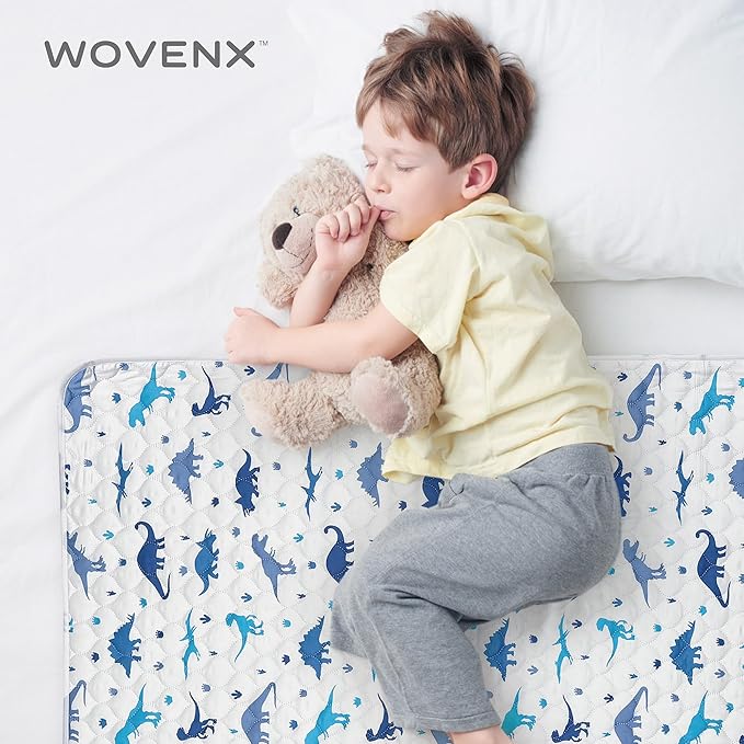WOVENX Organic Incontinence Pads for Kids & Toddlers - 5 Layer Waterproof Protectors for Overnight Bed Wetting - Reusable & Washable Pee Pads - Fits Twin to Full Size Beds - 34" x 52" Dinosaur