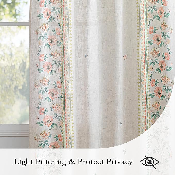 MYSKY HOME Boho Floral Curtains with Butterfly 63 inch Semi Sheer Linen Look for Bedroom Kitchen Bohemian Style Farmhouse Home Decor Light Filtering Privacy Protect Back Tab Drape, 50", Pink, 2 Panels