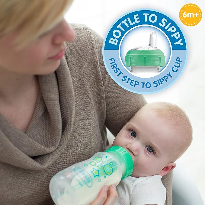 Dr. Brown's Anti-Colic Options+ Wide-Neck Sippy Bottle Starter Kit, 9oz/270mL, with Level 3 Medium-Fast Flow Nipple and Soft 100% Silicone Sippy Spout, Green, BPA-Free, 6m+, 2-Pack