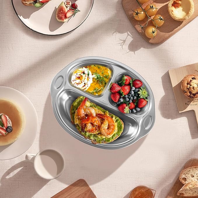 Mrs. Chou Stainless Steel Baby Suction Plates: Divided Plates for Babies and Toddlers, Made of 100% Food-Grade Materials Ideal for Baby-Led Weaning BPA-Free Toddler Feeding Dishwasher Safe Green