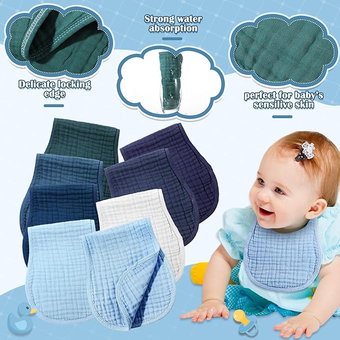 Frienda 8 Pack Muslin Burp Cloths for Baby Large 20 x 10 Inch Cotton Burp Rags for Spit up Drool Absorbent Soft Multicolor Wash Cloths Diapers for Newborn Girl Boy Essential Shower Gift(Blue Series)
