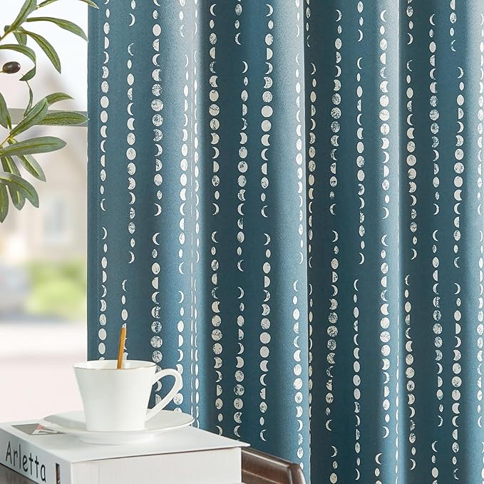 jinchan 95% Blackout Boho Curtains, Moon Phases Printed 96 Inches Long Blue Drapes for Bedroom Living Room Nursery Farmhouse, Rod Pocket Back Tab Thermal Insulated Window Treatment Set 2 Panels