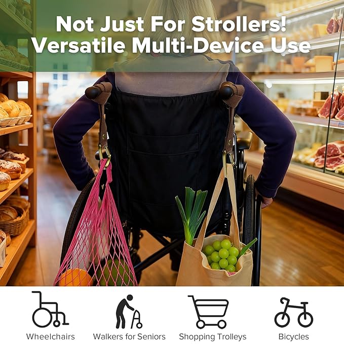 haakaa Baby Stroller Hooks for Bags丨Universal Stroller Straps and Hooks, Non-Slip with One-Hand Opening, Multipurpose Hooks for Diaper Bags, Backpacks, Bikes & Shopping Carts - Brown, 2 Pack