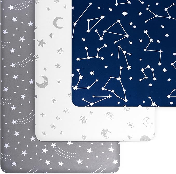 Fitted Unisex Crib Sheets (3 Pack) by GROW WILD - Jersey Knit Cotton Crib Sheets for Boys or Girls, 52” x 28” x 9” Crib Bedding Set (Moon, Stars and Constellation)