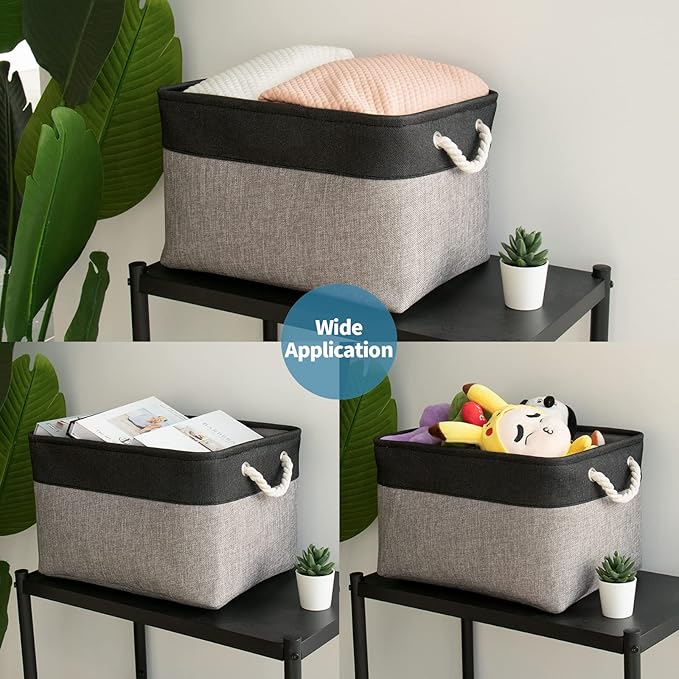 HOdo Home Fabric Storage Bin with Drawstring Closure and 2 Bold Handles, Collapsible Large Canvas Storage Baskets for Organizing Shelf Nursery Home (Black and Grey, 15.8L×11.8W×9.5H - 3Pack)