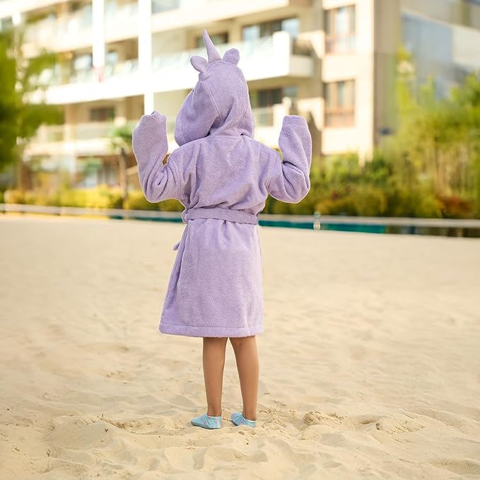 BAGNO MILANO Kids Organic Turkish Cotton Hooded Beach Cover-Up Towel, GOTS Certified, for Boys and Girls (Unicorn Purple, 7-8 Years)