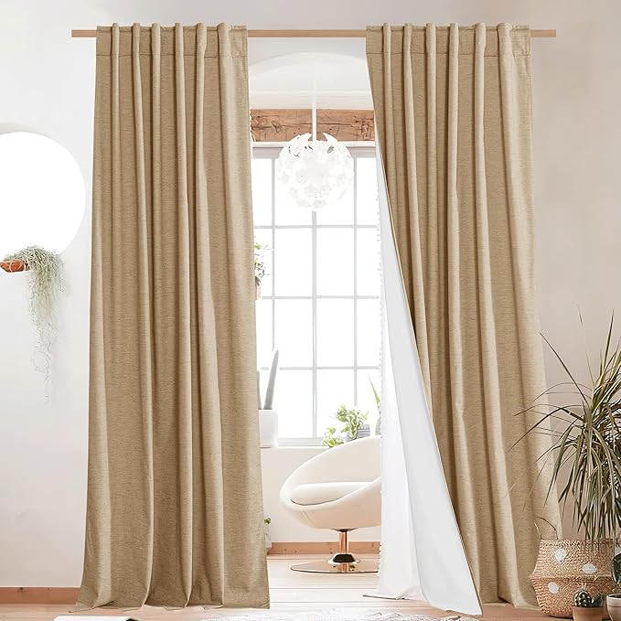 NICETOWN 100% Absolutely Blackout Linen Curtains with Thermal Insulated White Liner, Camel, W52 x L95, 2 Panels, Textured Linen Look Noise Reducing Window Treatments Drapes for Bedroom/Living Room