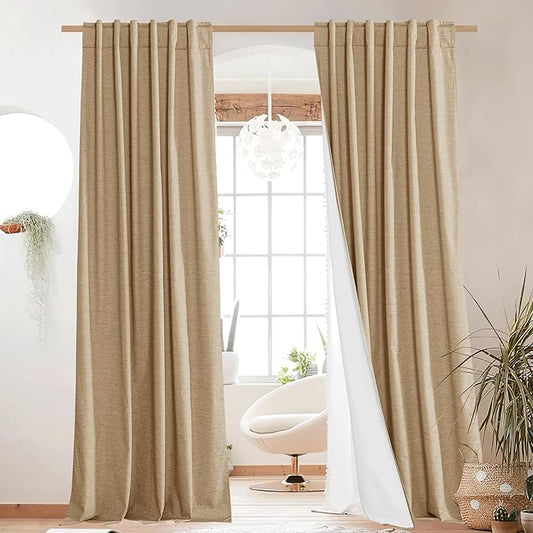 NICETOWN 100% Blackout Linen Curtains for Living Room with Thermal Insulated White Liner, Camel, 52" Wide, 2 Panels, 84" Long Drapes, Back Tab Retro Linen Curtains Vertical Drapes Privacy for Bedroom