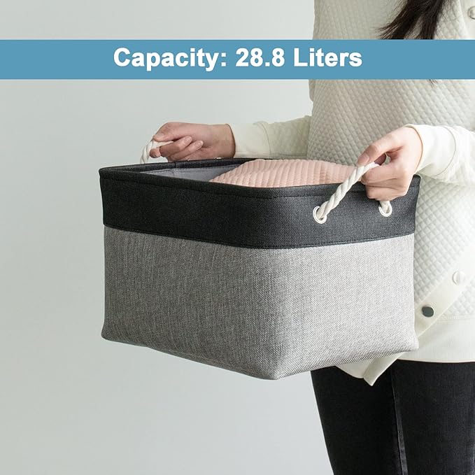 HOdo Home Fabric Storage Bin with Drawstring Closure and 2 Bold Handles, Collapsible Large Canvas Storage Baskets for Organizing Shelf Nursery Home (Black and Grey, 15.8L×11.8W×9.5H - 3Pack)