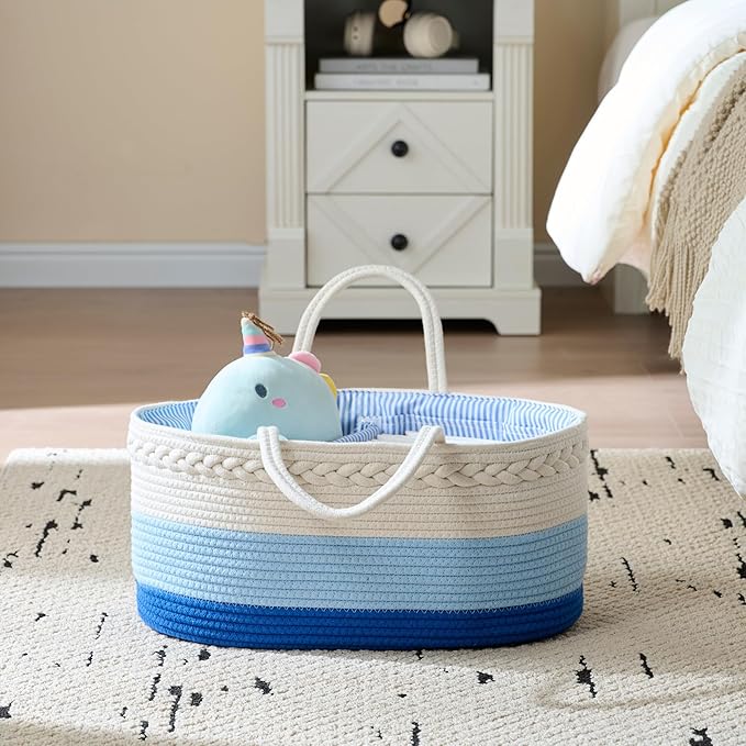 luxury little Diaper Caddy Organizer, Large Cotton Rope Nursery Baby Basket, Changing Table Organizer for Baby Diaper Storage, Portable Car Organizer Removable Divider (Blue, Extra Large)