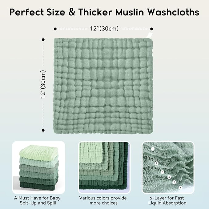 Unnivoll Muslin Baby Washcloths 6 Pack, 100% Cotton Wash Cloths for Babies, Large 12''X12'' Burp Cloths Absorbent and Soft for Newborn Infants Kids Boys Girls - Gradient Green