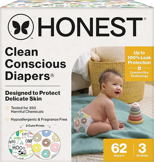 The Honest Company Comfort Dry Disposable Diapers for Sensitive Skin, Hypoallergenic, Fragrance-Free, Barnyard Babies + Donut Grow Up, Club Box, Size 3 (16-28 lbs), 62 Count