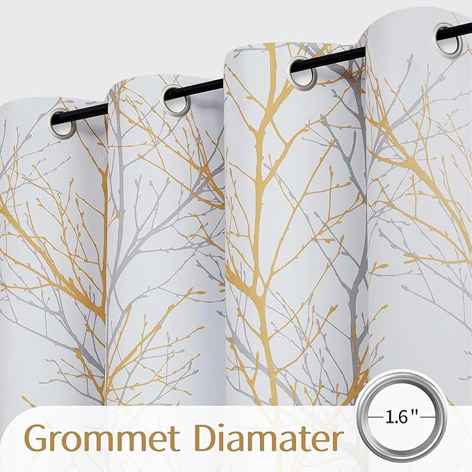 FMFUNCTEX 100% Blackout Curtains for Living Room, Yellow White Tree Curtains 108 Inches Long for Bedroom, Extra Long Farmhouse Window Curtain Panels, Room Darkening Drapes Grommet Top 2 Panels