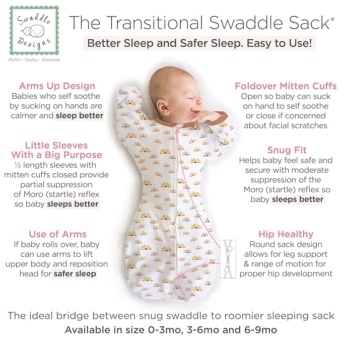 SwaddleDesigns Transitional Swaddle Sack, Arms Up Half-Length Sleeves & Mitten Cuffs, Swaddle for Newborn Transition to Baby Sleep Sack Wearable Blanket, Small, 0-3 mo, 6-14 lb, Watercolor Sunny Days