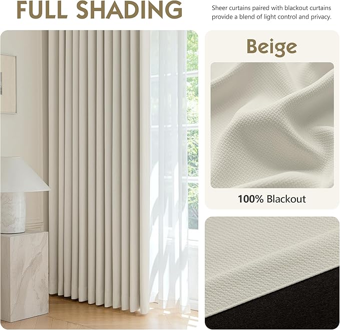 FMFUNCTEX 100% Blackout Curtains for Bedroom, Beige Back Tab Curtain 96 Inches Long Drapery Thermal Insulated Curtains for Living Room, Black Out Drapes Rod Pocket Room Darkening 2 Panels
