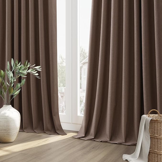 Guken 100% Blackout Curtains 96 Inch Length 2 Panels Set for Living Room Bedroom Back Tab Thermal Insulated Black Out Linen Drapes Room Darkening Mocha Mousse,52x96
