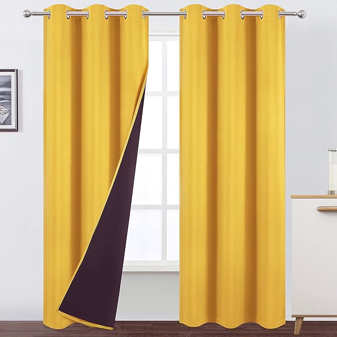 LEMOMO 100% Blackout Curtains 40 x 84 Inch/Yellow Curtains 2 Panels with Black Lining Room Darkening Thermal Insulated Bedroom Curtains