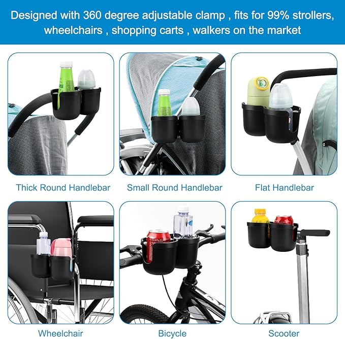 Accmor Stroller Cup Holder, Universal Cup Holder for Uppababy Nuna Doona Strollers, Double Bottle Holder for Stroller, Bike, Wheelchair, Walker, Scooter