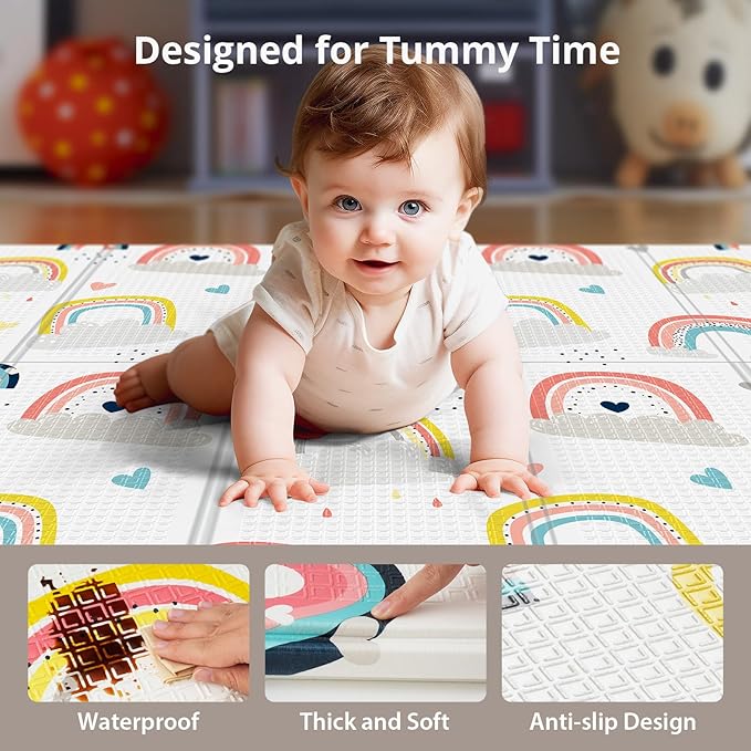 71x59 Foldable Foam Baby Play Mat for Floor, Babies Activity Tummy Time Playmat, Kids Non Toxic Foam Thick Play Mat for Baby, Toddlers, Waterproof & Anti-slip Crawling Mats,Rainbow,71x59x0.4
