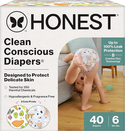 The Honest Company Comfort Dry Disposable Diapers for Sensitive Skin, Hypoallergenic, Fragrance-Free, So Delish + It's a Pawty, Club Box, Size 6 (35 lbs), 40 Count