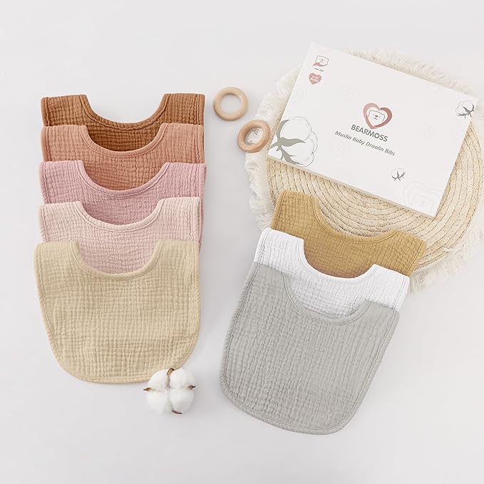 Bearmoss Baby Muslin Drooling Bibs 100% Cotton Square Adjustable Bibs Gift for Baby Girls Boys Teething Drool 8 Pack