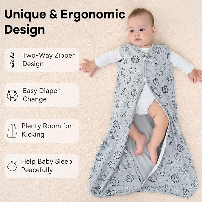 Unnivoll Baby Sleep Sack 12-18 Months 3 Pack 100% Cotton Lightweight 0.5 TOG Wearable Blanket Baby Sleep Bag with 2-Way Zipper for Newborn Infant White Gray Blue Space