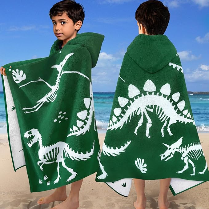 VOOVA & MOVAS Dinosaur Hooded Bath Towels for Kids (3-10Years,30"x53"),Soft Cotton Thick Absorbent Towel Wrap for Toddler Boys,Perfect for Bathroom | Pool | Swimming, Jacquard Green Dino